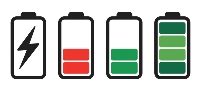 charging battery icons illustrating low power, empty battery, and full charge levels for clean user interface design.