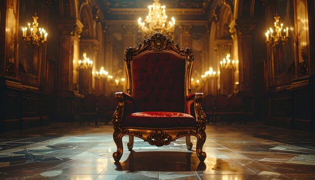 The Ornate Gilded Throne of Velvet in a Grand Palace Hall