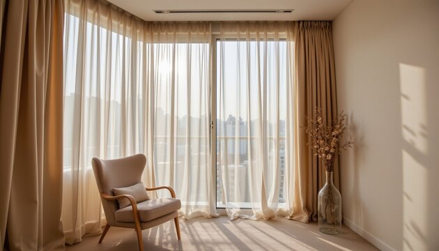 Contemporary interior with sheer beige curtains illuminated by morning sunlight, cozy modern space with soft shadows