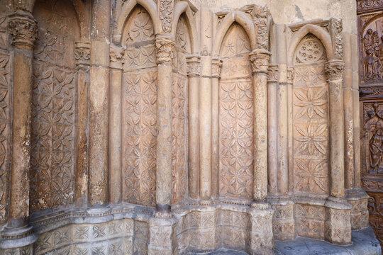 Architectural details of the Central portico of The Cathedral of Leon (Saint Mary of Regla) in Leon city, Spain