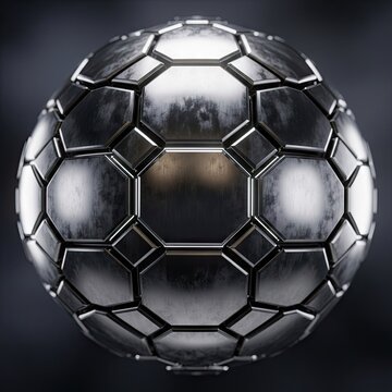 Intricate geometric sphere constructed from brushed metallic panels on a dark background