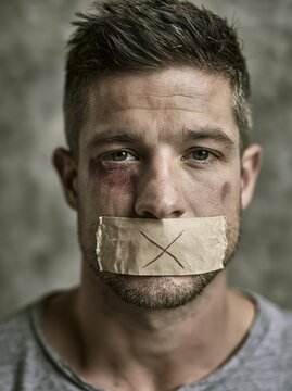 Close-up portrait of a young man with a visible facial bruise and tape covering her mouth