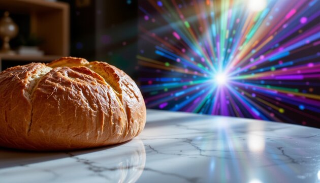 Luxurious scene with a golden brioche loaf resting on a sleek marble surface for bakery or food presentation