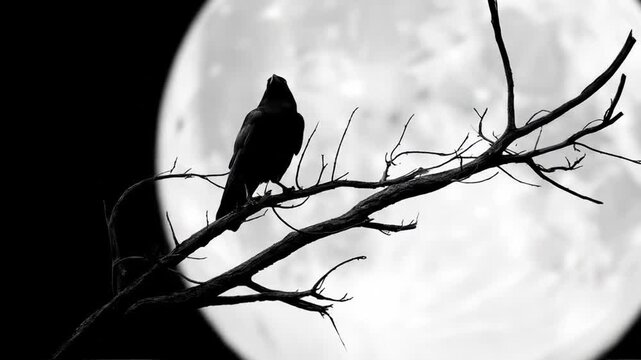 Silhouette of a crow perched on a branch against a full moon