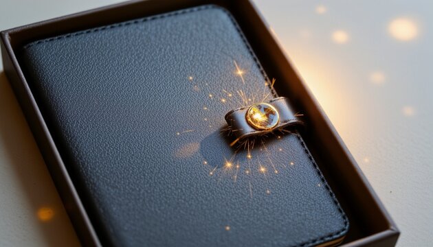 Elegant black notebook with embossed patterns inside sleek minimalist box, with bright yellow ink pen