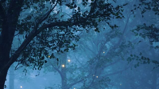 A forest is filled with trees and soft light from fireflies. The scene takes place at night when the surrounding is dark and shadows are cast. The air feels fresh and still.
