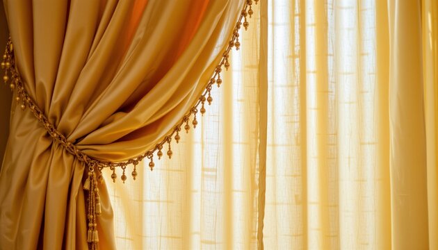 Luxurious velvet curtain with ornate gold tassels cascading from above, vibrant yellow hue for elegant interior decor