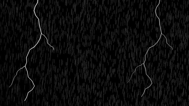 Heavy rain falling with three white lightning bolts striking on black background