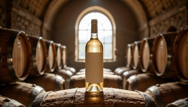 White wine bottle in a historic wine cellar with warm glow and aged oak barrels