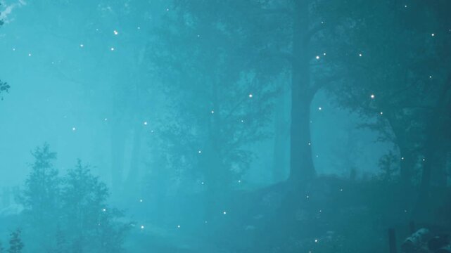 A forest scene features tall trees shrouded in mist. Soft lights appear among the branches as evening falls. The air is cool and the atmosphere feels mysterious and quiet.