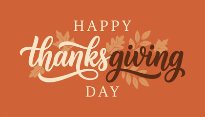 Happy thanksgiving day greeting card with autumn leaves and elegant calligraphy design © md