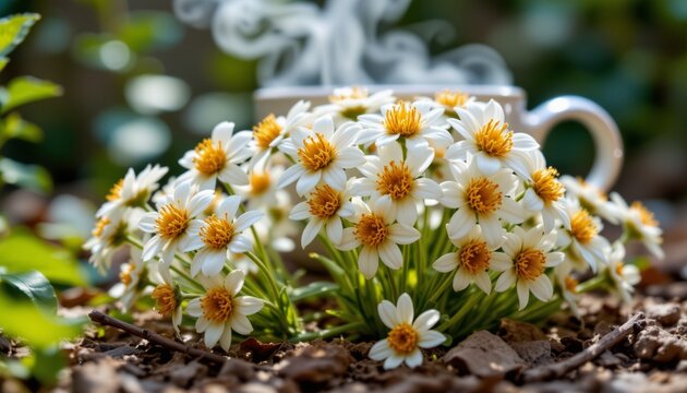 Hyper-realistic scene of chamomile flowers viewed from a worm's eye perspective in a lush herbal tea setting
