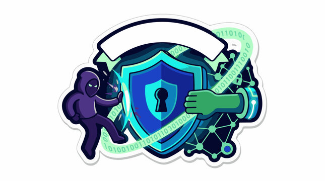 Cyber security shield with hacker and network graphics