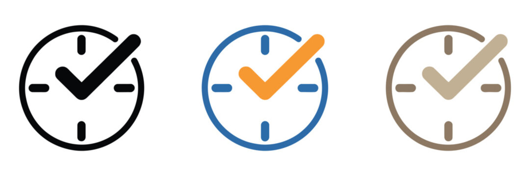 check mark on clock vector icons illustrating real time protection, verification, and security status indicator symbols.