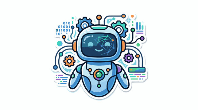 Cute robot with binary code and gears tech concept