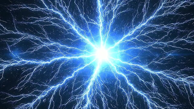 High-voltage energy shockwave with brilliant electric discharge, sharp lightning streaks exploding from a central core, glowing cyan and electric blue plasma burst, dark atmospheric background
