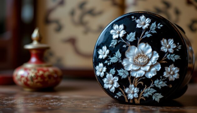 Dramatic perspective of a handcrafted Korean accessory with mother of pearl inlay and intricate floral motifs