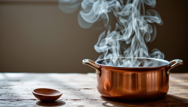 Gently tarnished copper skillet with steaming ceramic pot and rustic wooden spoon in warm natural lighting