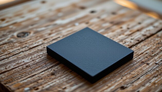 Close-up of matte black business cards reflected in hand-drawn mirror with warm sunset glow