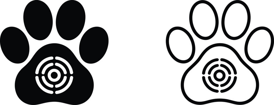 Pet tracking icon set with solid black and outline paw print with digital microchip target sensor symbol collection
