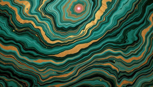 Abstract swirling malachite green and shimmering gold marble texture with luminous accents