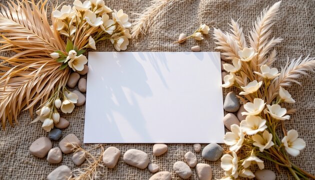Large blank wedding invitation card on textured neutral linen with dried palm leaves pampas grass and white flowers