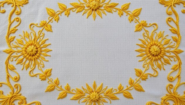 Close-up of textured linen fabric with vibrant Ukrainian embroidery and golden reflections