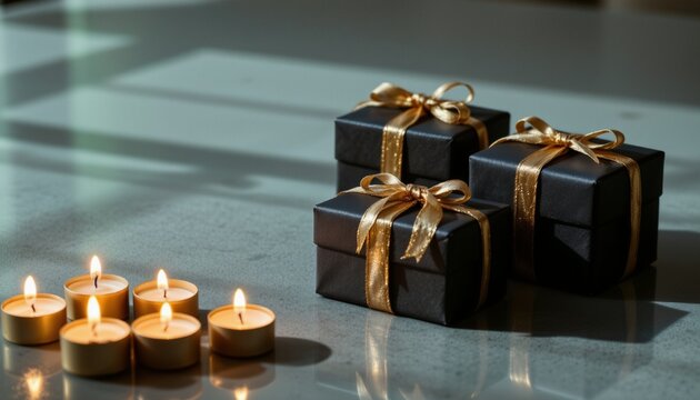 Minimalist black gift boxes with gold ribbons on reflective surface for luxury gift presentation