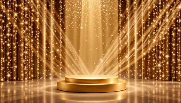 Luxurious promotional scene with sleek round golden pedestal for product display or branding