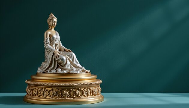 Majestic two-tiered round pedestal stands against deep velvety dark teal background with intricate carvings and luminous golden surface
