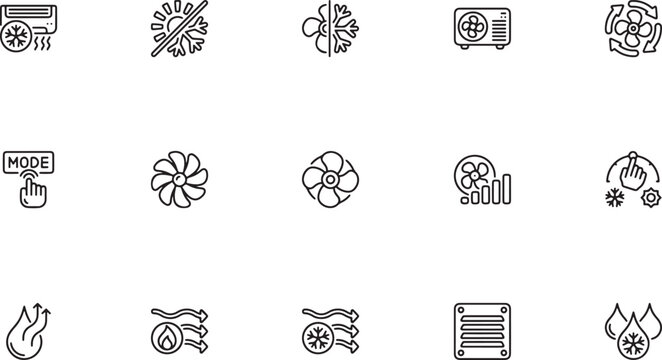 Heating ventilation and air conditioning hvac system outline vector icons featuring outdoor compressor units climate control symbols airflow lines and cooling fan blades