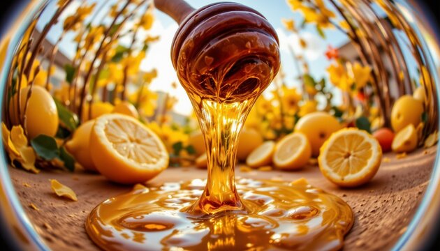 Whimsical fish eye lens scene with honey dipper and vibrant citrus background
