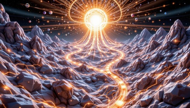 Futuristic digital galaxy with luminous data streams and geometric architecture
