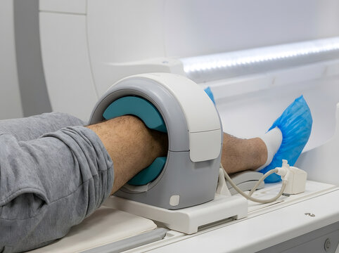 Patient Undergoing Knee MRI Scan Procedure | Close Up of Dedicated Joint Imaging Coil Medical Equipment | Hospital Magnetic Resonance Imaging Treatment | Orthopedic Diagnostic Scan for Knee Injury
