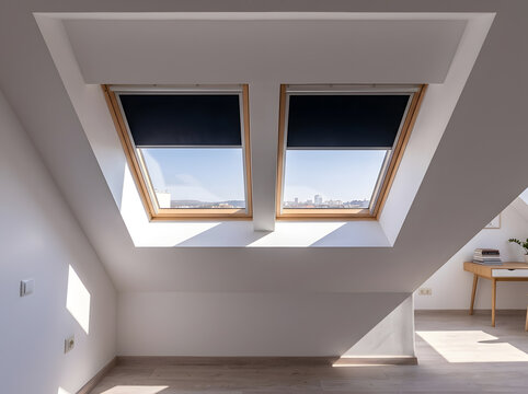 Modern Skylight Roof Windows with Blackout Blinds | Attic Bedroom Conversion Interior Design | Minimalist Loft Space with Wooden Frame Windows | Sunny Dormer Window Architecture with Desk