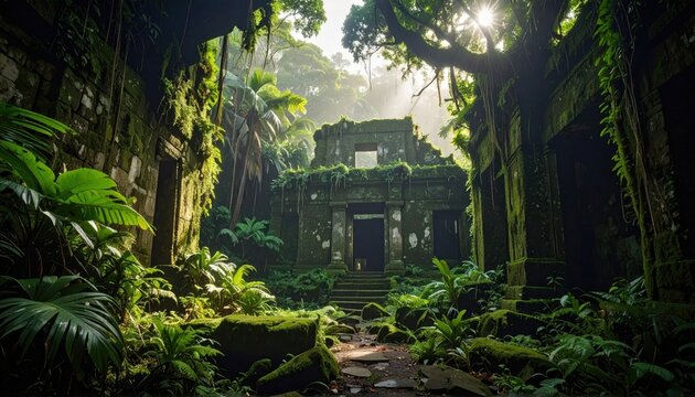 Overgrown ancient temple ruins reclaimed by lush jungle foliage, bathed in dappled sunlight.