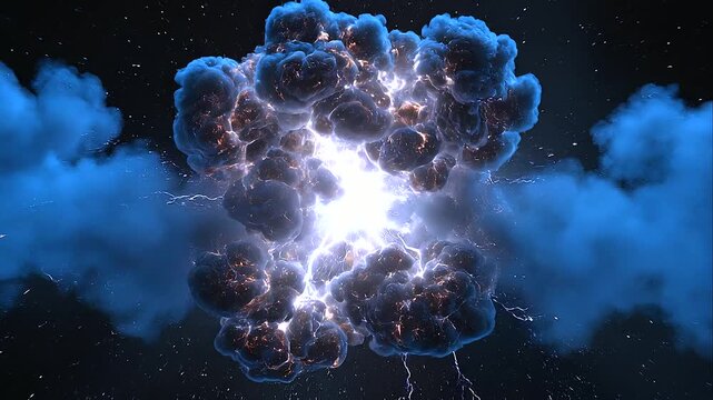 Powerful energy burst with electric discharge and plasma flash, high-voltage spike effect on a dark background, glowing blue and white lightning arcs, abstract cosmic electricity explosion