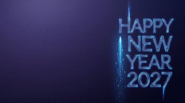 Happy New Year 2027 glowing text. Digital celebration background with blue neon lights.