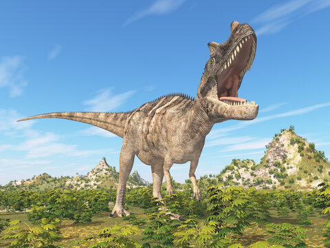 Dinosaurier Ceratosaurus in einer Landschaft