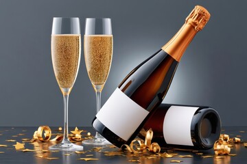 Fototapeta premium Elegant champagne bottles and flutes with gold confetti for New Year celebration and festive party