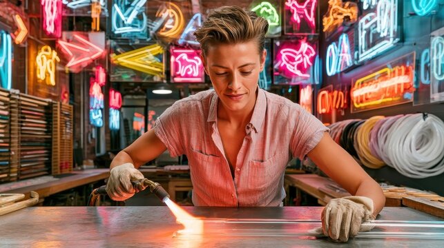 Neon sign maker shaping glass tubing with a torch in a colorful artisan workshop