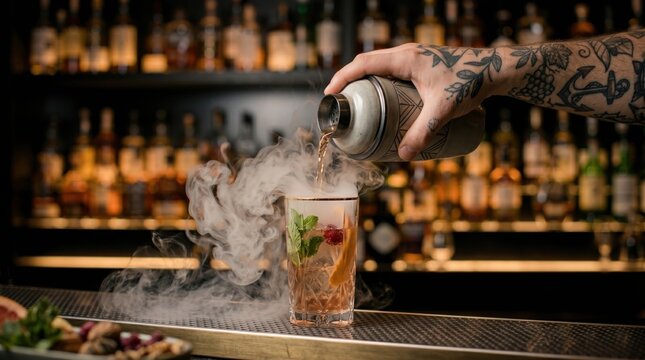 Bartender pouring smoking cocktail from shaker into glass with mint raspberry and orange zest in dark night club bar counter background
