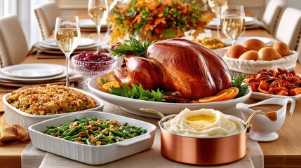 Fototapeta premium Roasted Thanksgiving turkey with classic sides on a fully set holiday dinner table