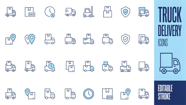 Truck delivery icons set with editable stroke on white background