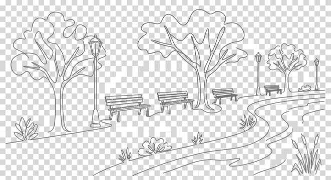 Winter Landscape with Trees and Flowers in Park Featuring Snow Covered Road River House and Vintage Black and White Sketch Style Illustration