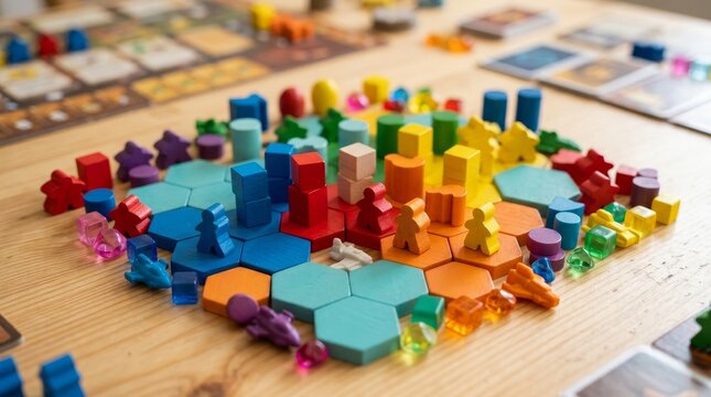 Colorful Board Game Pieces Arranged on Wooden Table for Arts and Crafts
