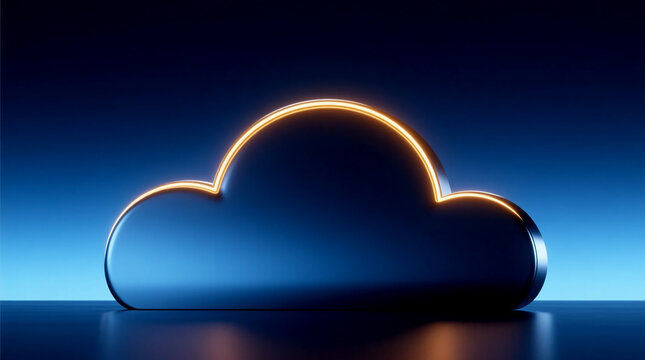 Minimalist 3D rendering of glowing golden cloud on dark blue horizon representing enterprise Cloud computing future concept with network technology copy space