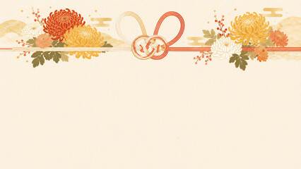 Warm toned mizuhiki gift knot with chrysanthemum, respect for the aged day gift and gratitude flat design illustration banner with copy space