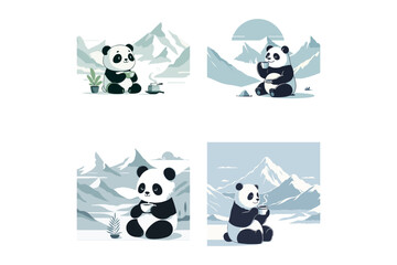 Obraz premium This is a vector logo featuring a panda mascot drinking tea against a mountain background; it is suitable for logo designs for food and beverage companies, plush toys, packaging, eateries, restaurants