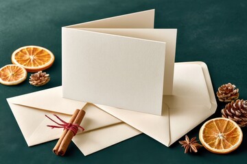 Fototapeta premium Christmas greeting card mockup with envelopes, dried oranges, cinnamon and pinecones on dark background
